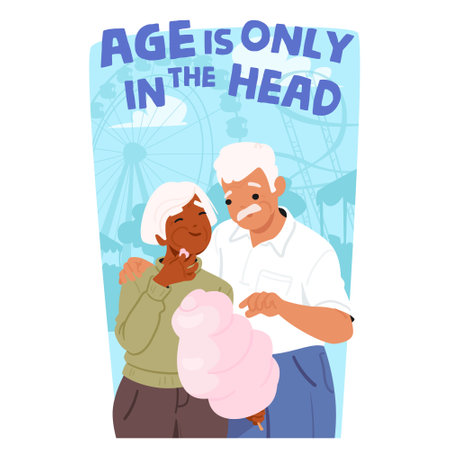Joyful Older Couple Sharing Cotton Candy At A Fun Fair. Cheerful Senior Characters Smiling And Expressing Happinessのイラスト素材