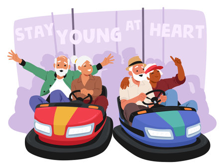 Cheerful Older Adults Having Fun Riding Bumper Cars At An Amusement Park. Cartoon Image Shows Happiness and Joyのイラスト素材