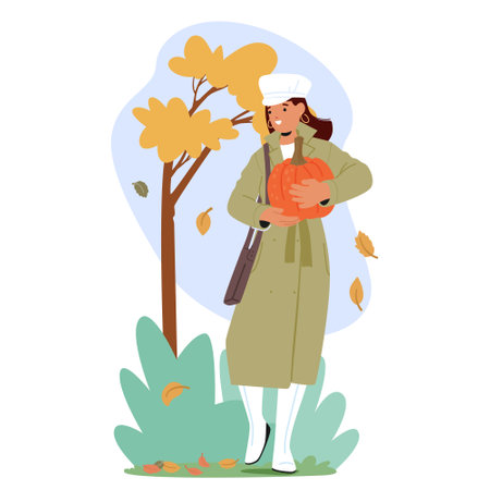 Cartoon Woman In A Coat And White Boots Holding A Pumpkin In An Autumn Park. Thanksgiving And Harvest Season Themeのイラスト素材