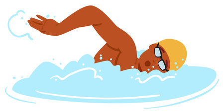 Swimmer In Action Wearing Goggles And A Swimming Cap. Image Captures The Dynamic Movement Of Swimmingのイラスト素材