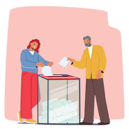 Two People Characters Casting Their Votes At A Polling Station. The Image Conveys A Sense Of Civic Duty, Participationのイラスト素材