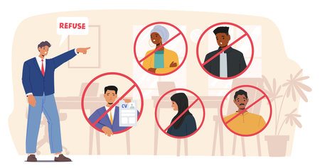 Racism And Discrimination In The Workplace. Cartoon Vector Illustration Shows A Manager Refusing Job Candidatesのイラスト素材