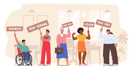 Diverse Group Of People Holding Signs Protesting Discrimination In The Workplace. Signs Highlight Various Types Of Biasのイラスト素材