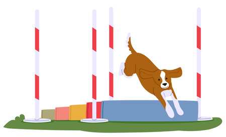 Dog Training Outdoors, Showcasing Agility By Jumping Over Obstacles. The Image Captures The Action And Enthusiasmのイラスト素材