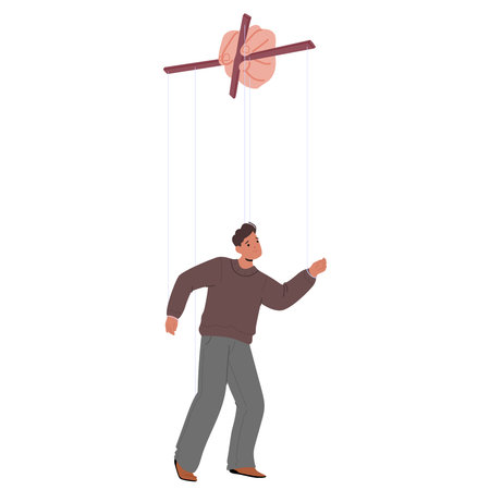 Character Controlled By Puppeteer Strings. Vector Illustration Depicts Manipulation And Control Concepts Using A Puppetのイラスト素材