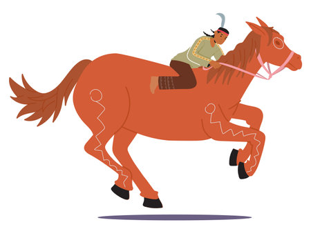 Native American Male Character Riding A Galloping Horse With Dynamic Movement, Capture The Spirit Of Adventureのイラスト素材