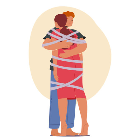 Couple Entangled In Ribbons Symbolizing A Toxic Relationship. Image Conveys Emotional Manipulation, Restriction, Controlのイラスト素材