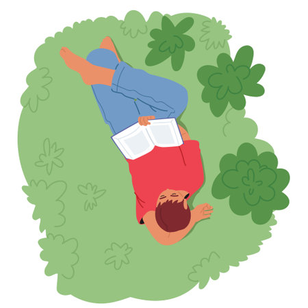 Person Relaxing On Green Grass While Reading A Book From A Top View. Scene Evokes Peacefulness And Leisureのイラスト素材