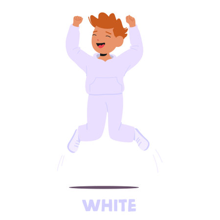 Happy Child Dressed Entirely In White Is Captured Mid-jump With Arms Raised In Excitement, Representing The Color Whiteのイラスト素材