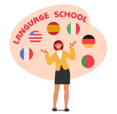 Language School Featuring Smiling Woman Character With Flags From Various Countries Including The USA Germanyのイラスト素材