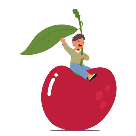 Joyful Child Character Sitting on a Giant Cherry in Whimsical Cartoon Vector Illustration Capturing...