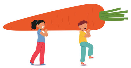 Joyful Children Character Carry A Giant Carrot Together Showcasing Teamwork And Fun Perfect For Concepts Of Imaginationのイラスト素材