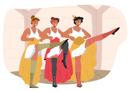 Three Women Performing A Energetic Can-Can Dance In A Vibrant Wild West Saloon With Colorful Costumes And High Kicksのイラスト素材