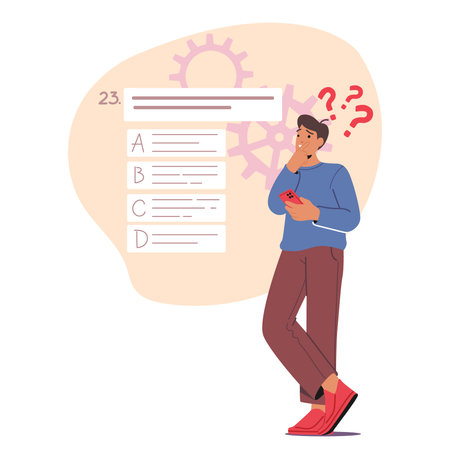 Student Character Confused During An Online Exam While Holding A Smartphone. Multiple Choice Questions Are Displayedのイラスト素材