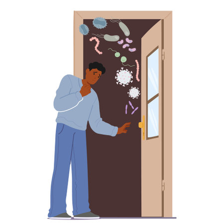 Character Confronting Various Germs And Bacteria As He Opens A Door. The Image Represents Themes Of Phobia And Paranoiaのイラスト素材
