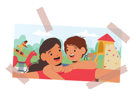 Joyful Photo Scene Of Mother with a Child Characters Enjoying A Playground With A Slide And Climbing Structureのイラスト素材