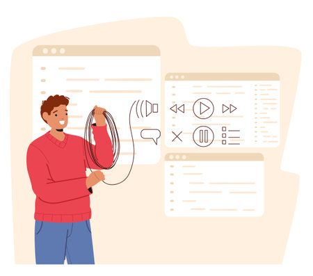 Cartoon Man Is Holding A Cable With Sound Wave Icons And Media Controls Floating Around Him, Representing The Managementのイラスト素材