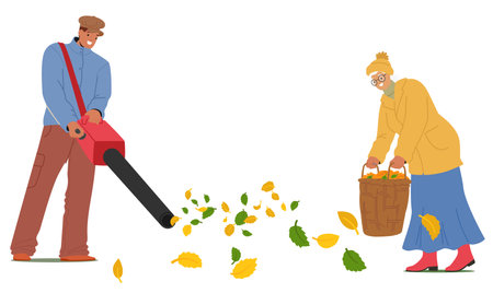Worker In Park Uses A Leaf Blower To Collect Fallen Leaves While An Elderly Woman Gathers Leaves Into Basketのイラスト素材