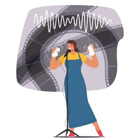 Woman Stands In Front Of Microphone, Wearing Headphones And Creating Sound Effects By Crinkling Paperのイラスト素材
