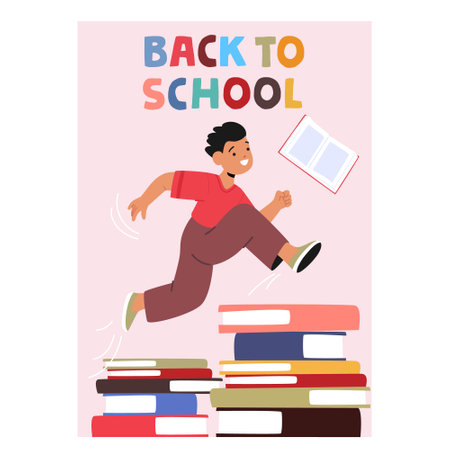 Happy Student Boy Excitedly Jumps Over Stacked Books Symbolizing New School Year Adventures And Educational Journeyのイラスト素材