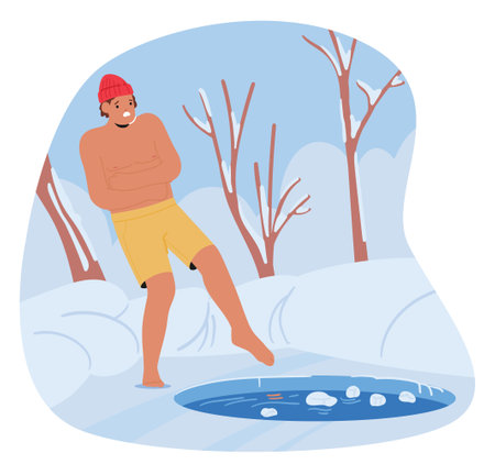Man In Swim Shorts And Red Beanie Prepares To Plunge Into the Ice Hole at Ice-covered Lake Surrounded By Snowy Treesのイラスト素材