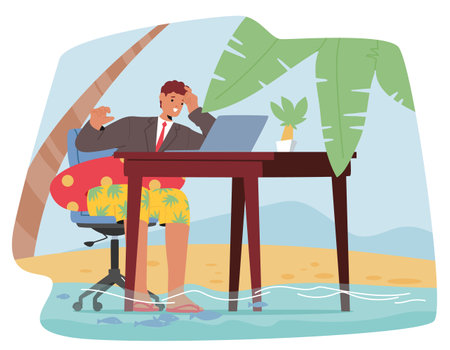 Young Businessman Character Enjoying Remote Work on Vacation Sitting At Desk On Tropical Beach With Laptopのイラスト素材