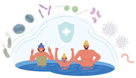 Cartoon Joyful Family Characters Enjoying Cold Water In Winter Clothing Promoting Health And Immunityのイラスト素材