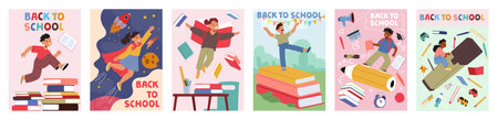 Cartoon Children Enthusiastically Engaging In Back To School Activities Expressing Joy And Adventure Featuring Booksのイラスト素材