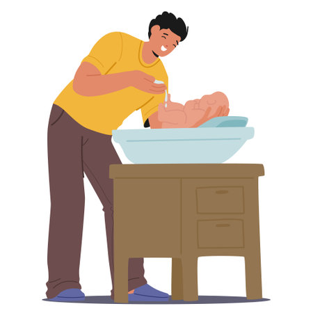 Smiling Father Character Gently Bathing His Newborn Baby In A Basin At Home, Showcasing Precious Parentingのイラスト素材