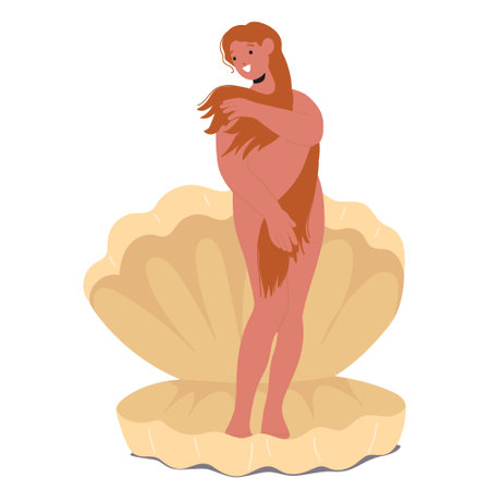 Aphrodite Beautiful Greek Goddess Emerging From A Shell Symbolizing Birth And Beauty, Inspired By Ancient Mythologyのイラスト素材
