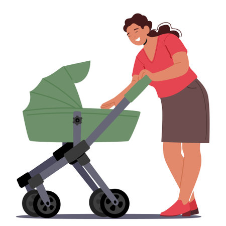 Smiling Mother Character Takes Care Of Her Newborn By Pushing A Baby Stroller Outdoors Depicting The Love And Careのイラスト素材