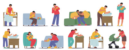 Parents In Various Everyday Activities As They Tend To A Newborn Baby, Reflecting Love, Responsibility And Joyのイラスト素材
