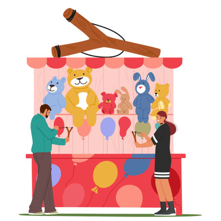 Balloon-popping Game Booth With Stuffed Animal Prizes At A Fairground. Two Participants Aim Slingshots To Pop Balloonsのイラスト素材