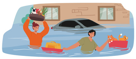 Civilians Wade Through Deep Floodwaters, Saving Pets And Essential Belongings. People Protect Their Loved Onesのイラスト素材