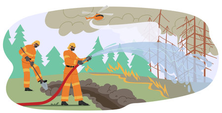 Firefighters Battle A Forest Fire, Using Hoses And Shovels To Control Flames While A Helicopter Assists From Aboveのイラスト素材