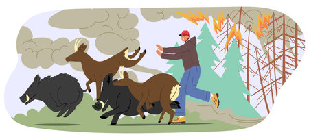 Person And Wildlife, Including Deer And Wild Boars, Flee A Spreading Forest Fire Highlights The Urgency And Chaosのイラスト素材