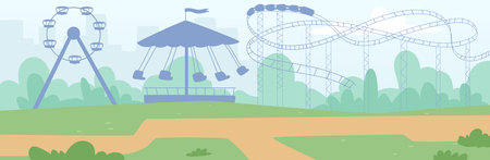 Peaceful, Empty Amusement Park Scene With A Ferris Wheel, Swing Ride, And Roller Coaster Against Soft, Green Backgroundのイラスト素材