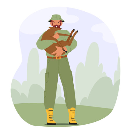 Man forest ranger character carrying young deer caring for little animal in national parklandのイラスト素材