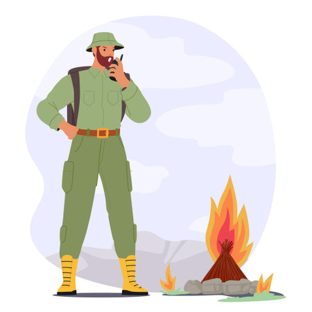 Man forest ranger character reporting on radio walkie-talkie about open fire among natural parkのイラスト素材