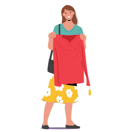 Smiling happy woman shopaholic isolated cartoon character holding new red blouse trendy outfitのイラスト素材