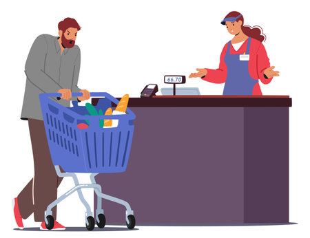 Dissatisfied man customer feeling angry demonstrating rudeness due to problem with market serviceのイラスト素材