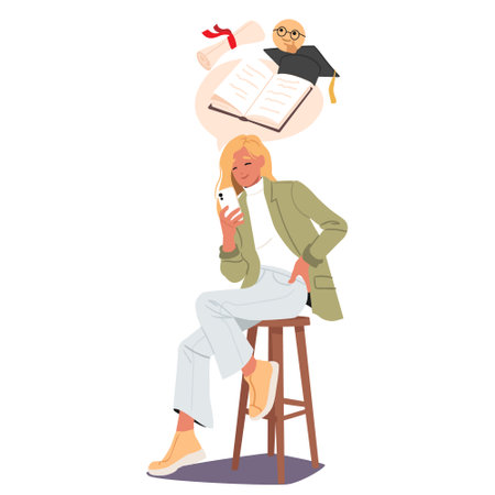 Young stylish woman cartoon character using mobile phone application for learning and studyingのイラスト素材