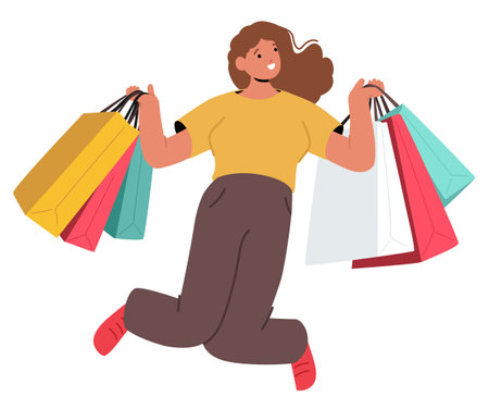 Happy overjoyed woman shopaholic cartoon character jumping with shopping bags isolated on whiteのイラスト素材