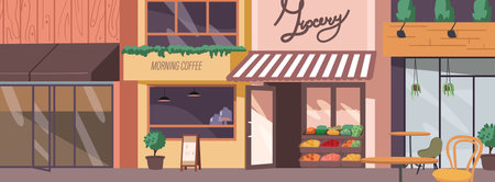 Street store, local market and grocery shop building exterior facade design vector illustrationのイラスト素材