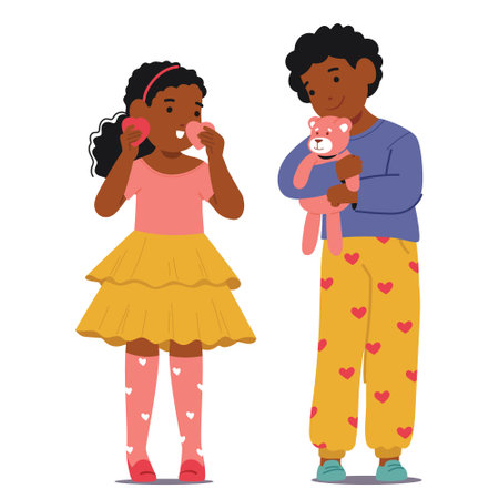 Cute boy and girl children cartoon characters holding valentine day gifts vector illustrationのイラスト素材