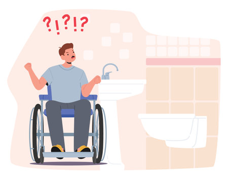 Angry frustrated man cartoon character in wheelchair feeling evil due to uncomfortable public WCのイラスト素材