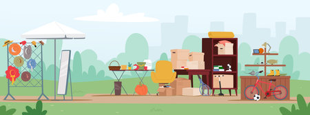 Garage sale cartoon yard background with vintage goods, obsolete household stuff and furnitureのイラスト素材