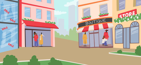 City street with boutique, retail store, marketplaces buildings at roadside vector illustrationのイラスト素材
