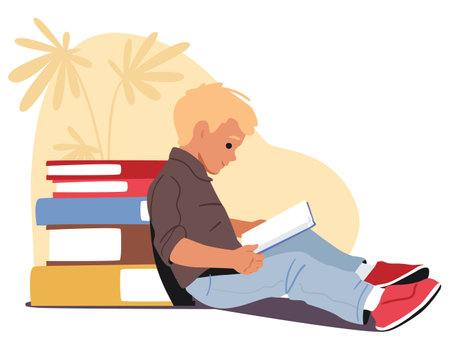 Happy preschool boy cartoon character reading leaned back to pile of huge paper hardcover textbookのイラスト素材