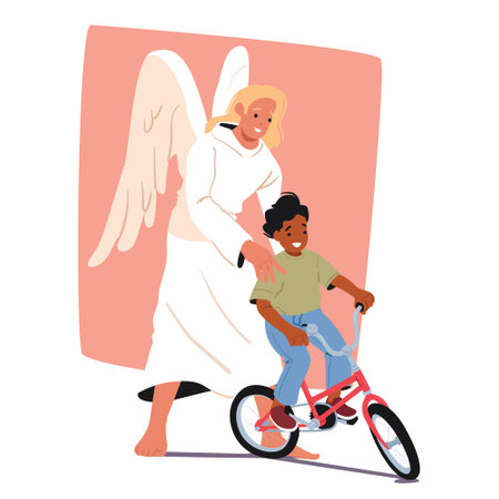 Angel life keeper religious character caring child helping little boy learning to ride bicycleのイラスト素材
